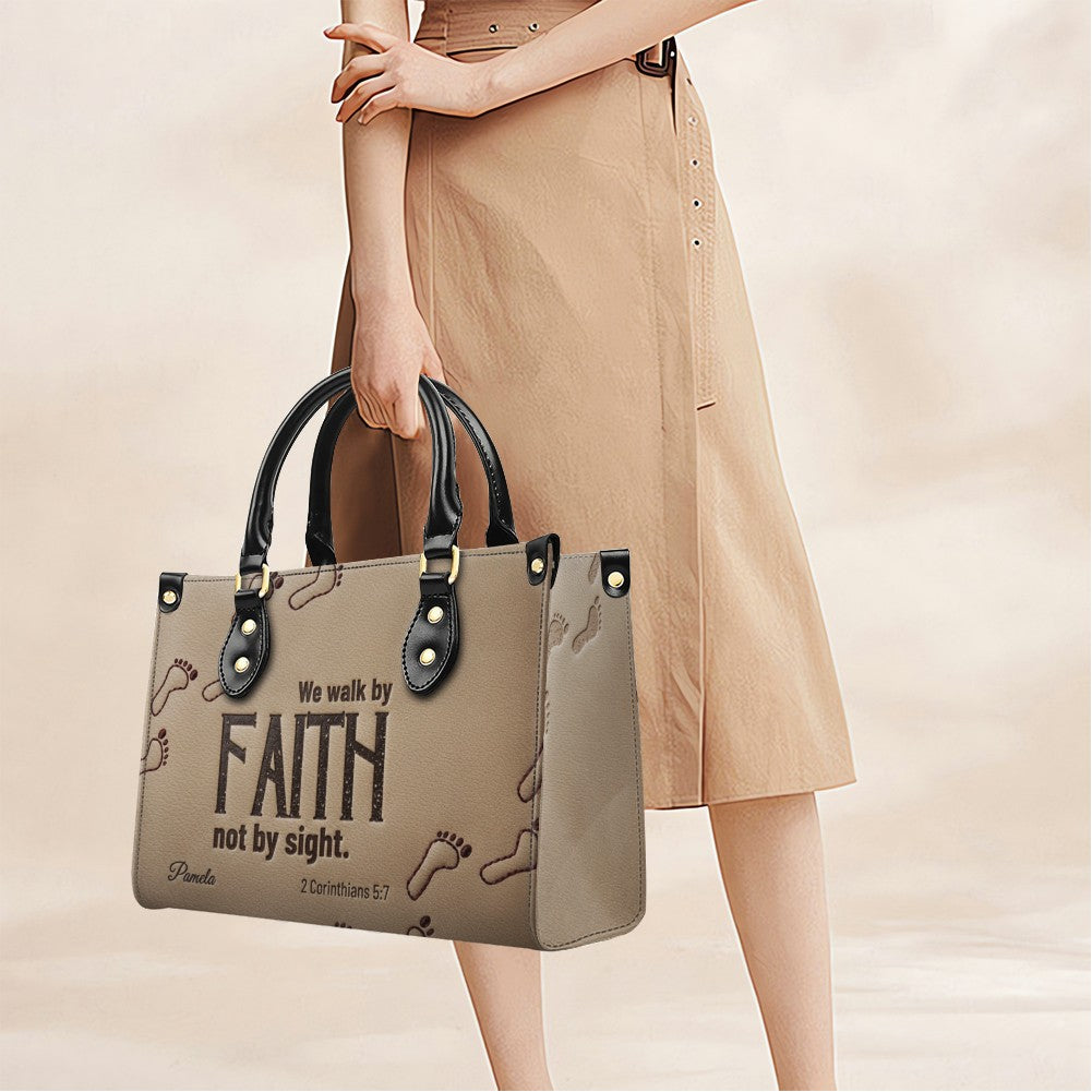Personalized We Walk By Faith Leather Tote