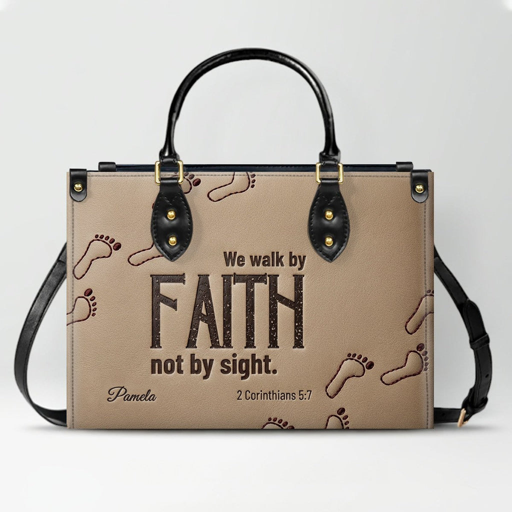 Personalized We Walk By Faith Leather Tote