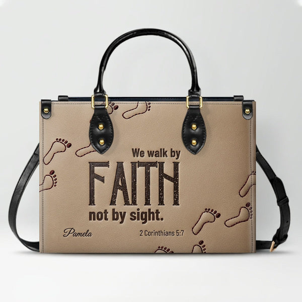 Personalized We Walk By Faith Leather Tote