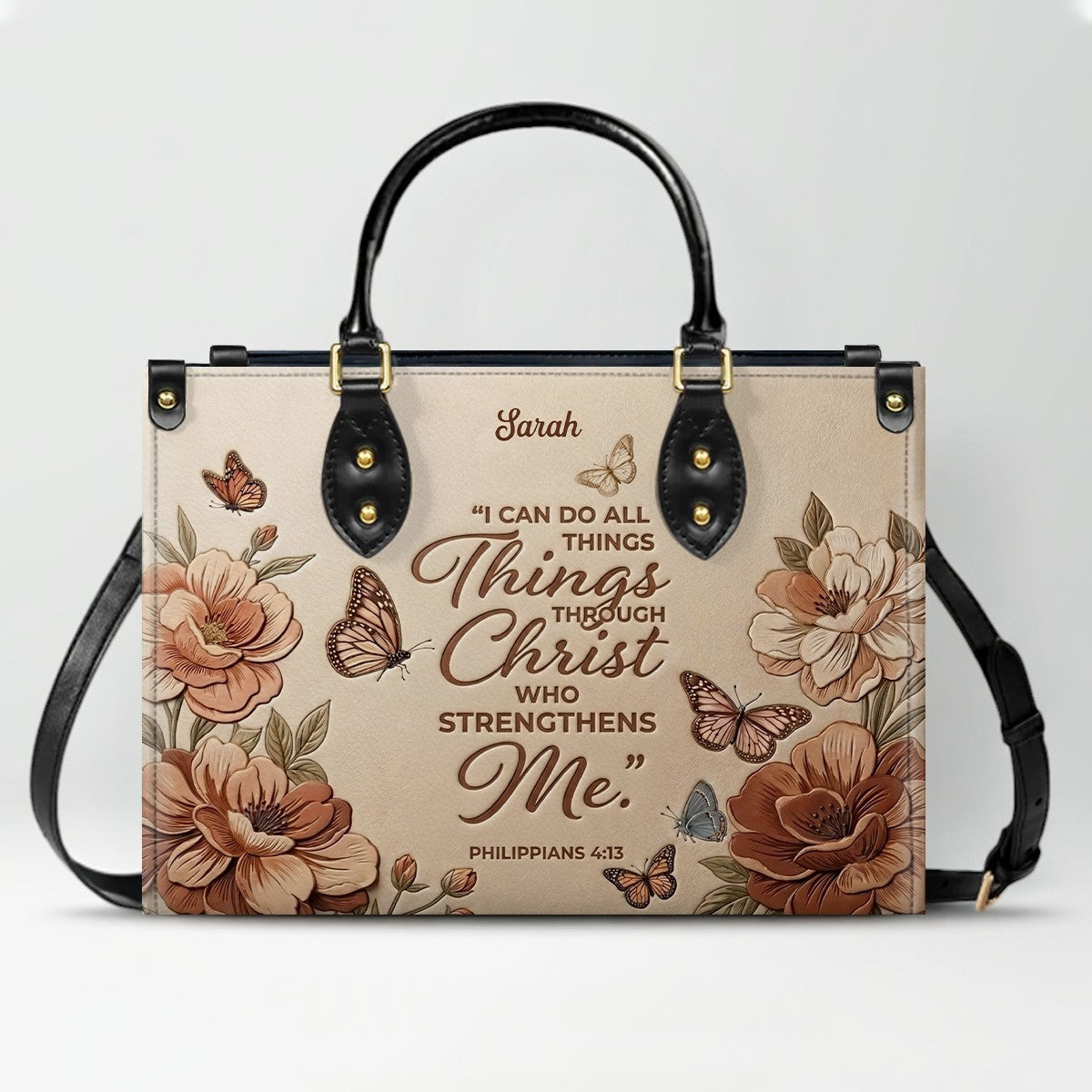 Personalized Floral Butterfly Leather Tote Bag
