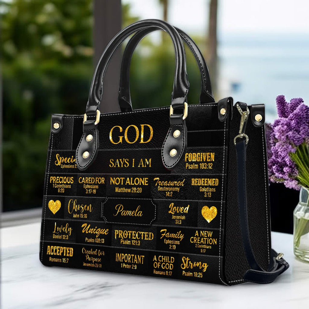 Personalized God Says I Am Leather Tote Bag