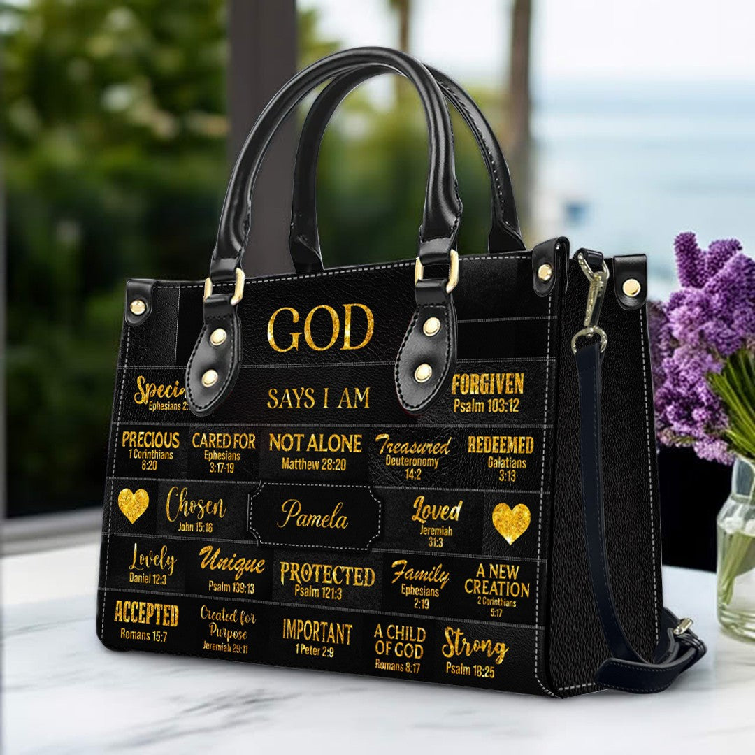 Personalized God Says I Am Leather Tote Bag
