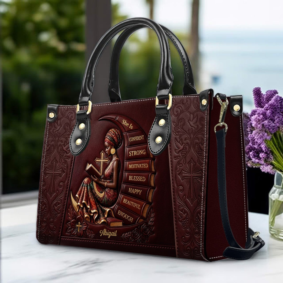 Personalized "She Is" Christian Leather Handbag