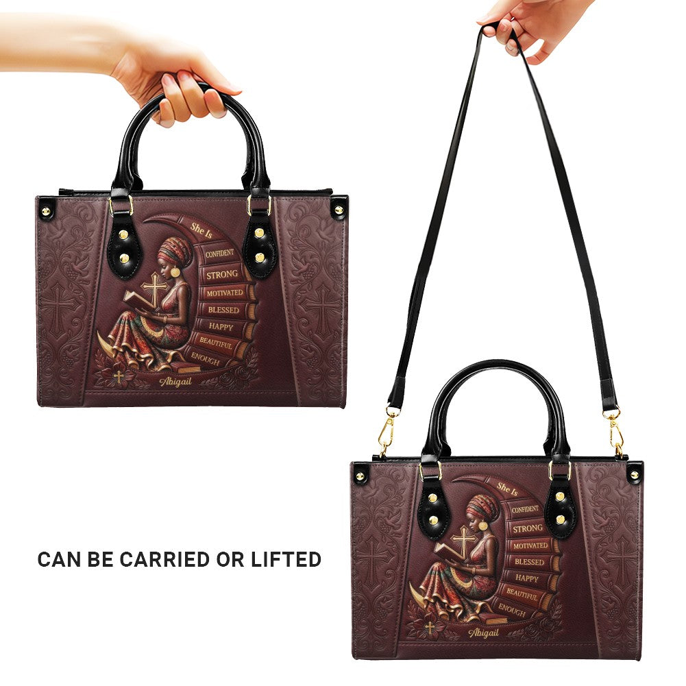 Personalized "She Is" Christian Leather Handbag