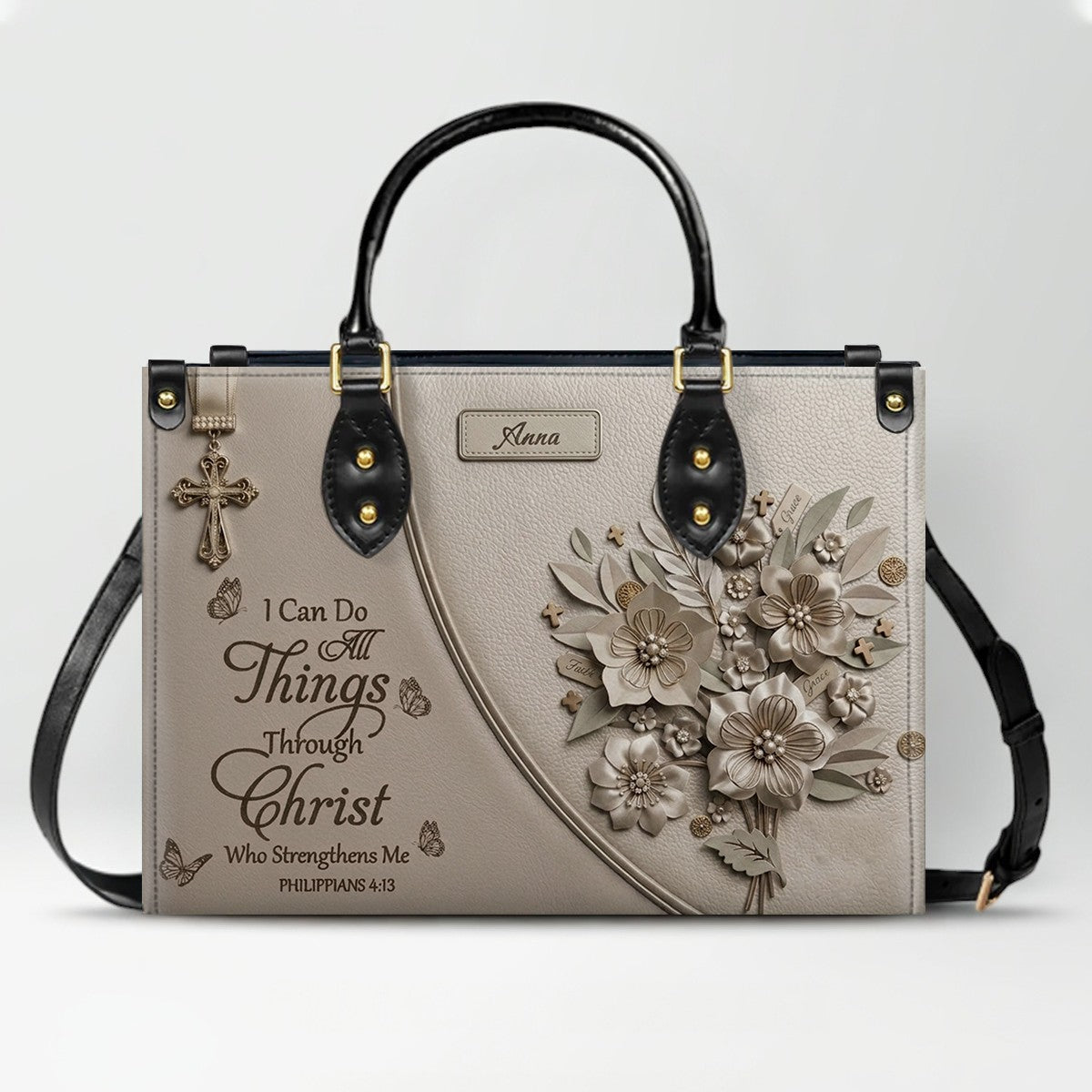 Personalized Christian Floral Leather Handbag