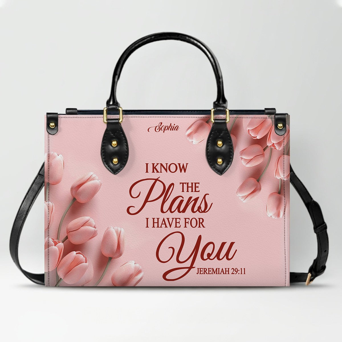 Personalized Pink Tulip Christian Leather Handbag