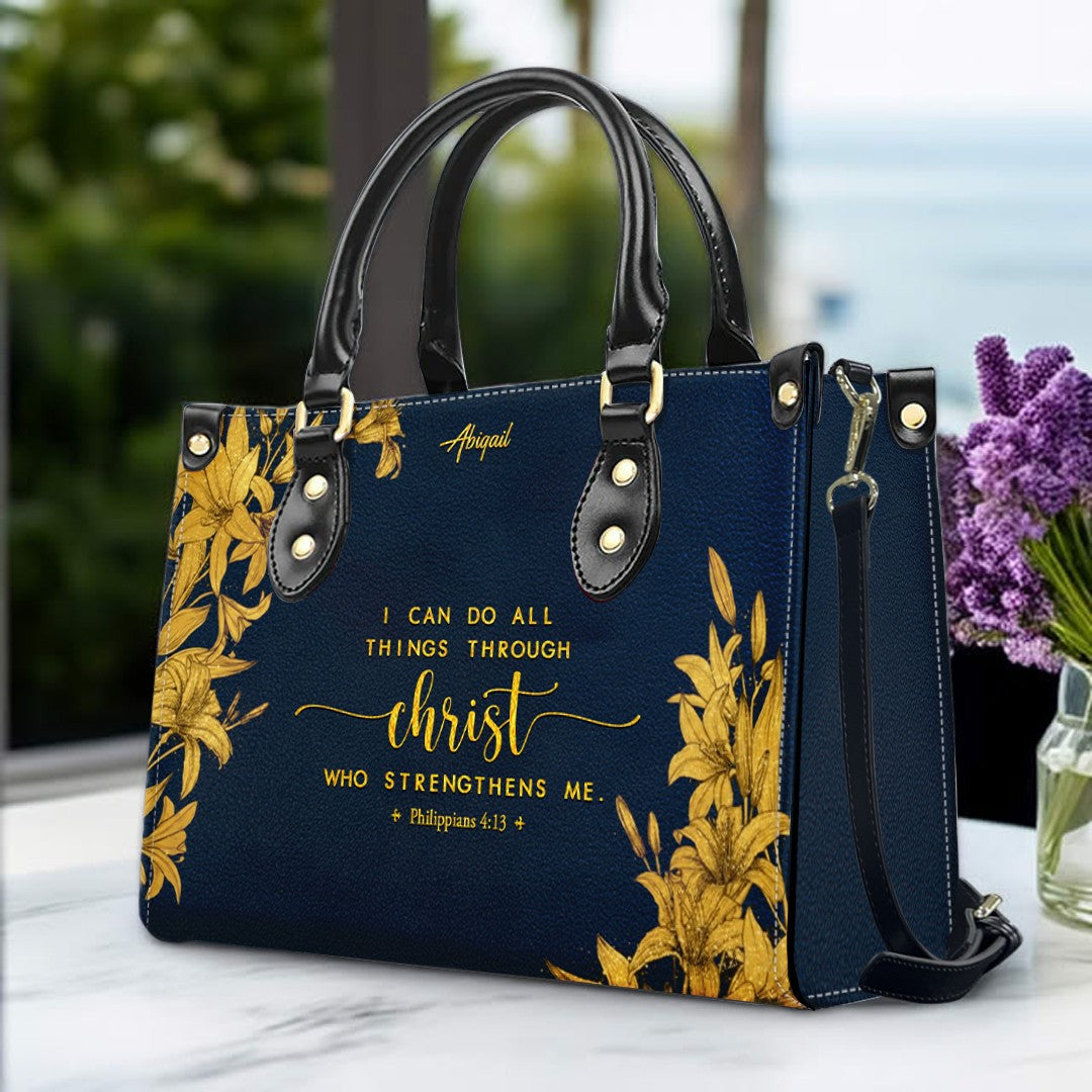 Personalized Navy Leather Bible Verse Handbag