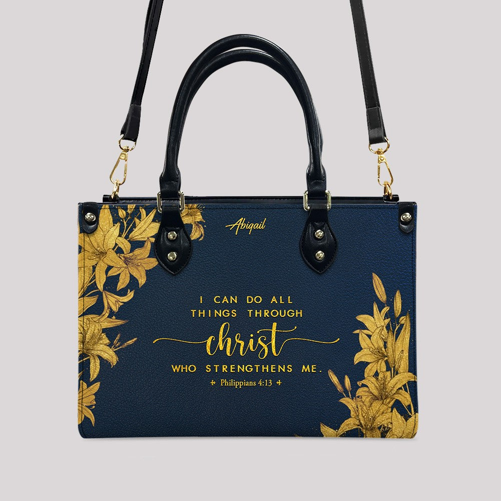 Personalized Navy Leather Bible Verse Handbag