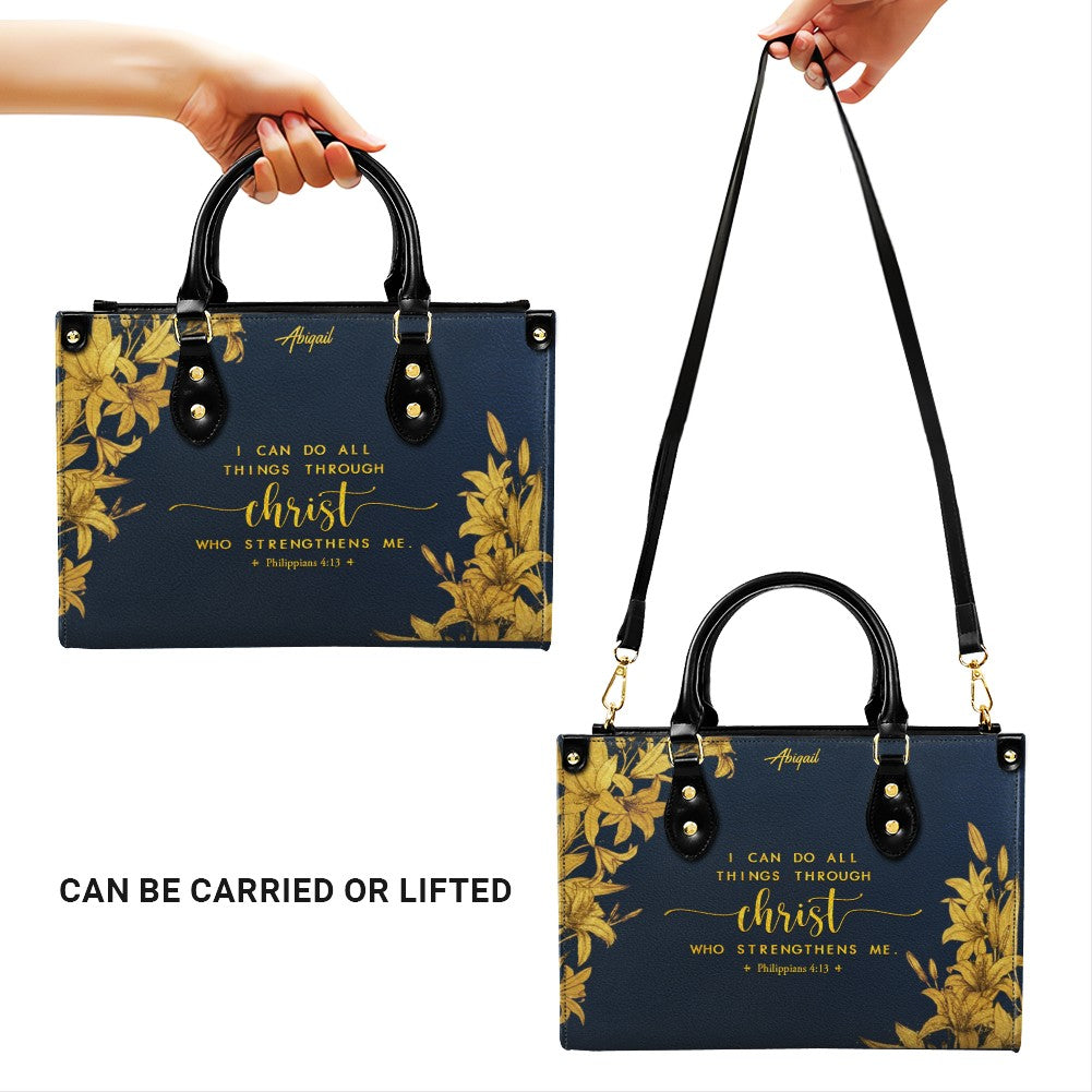 Personalized Navy Leather Bible Verse Handbag