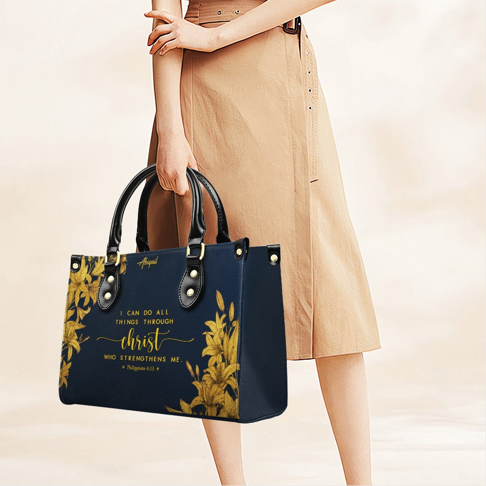 Personalized Navy Leather Bible Verse Handbag