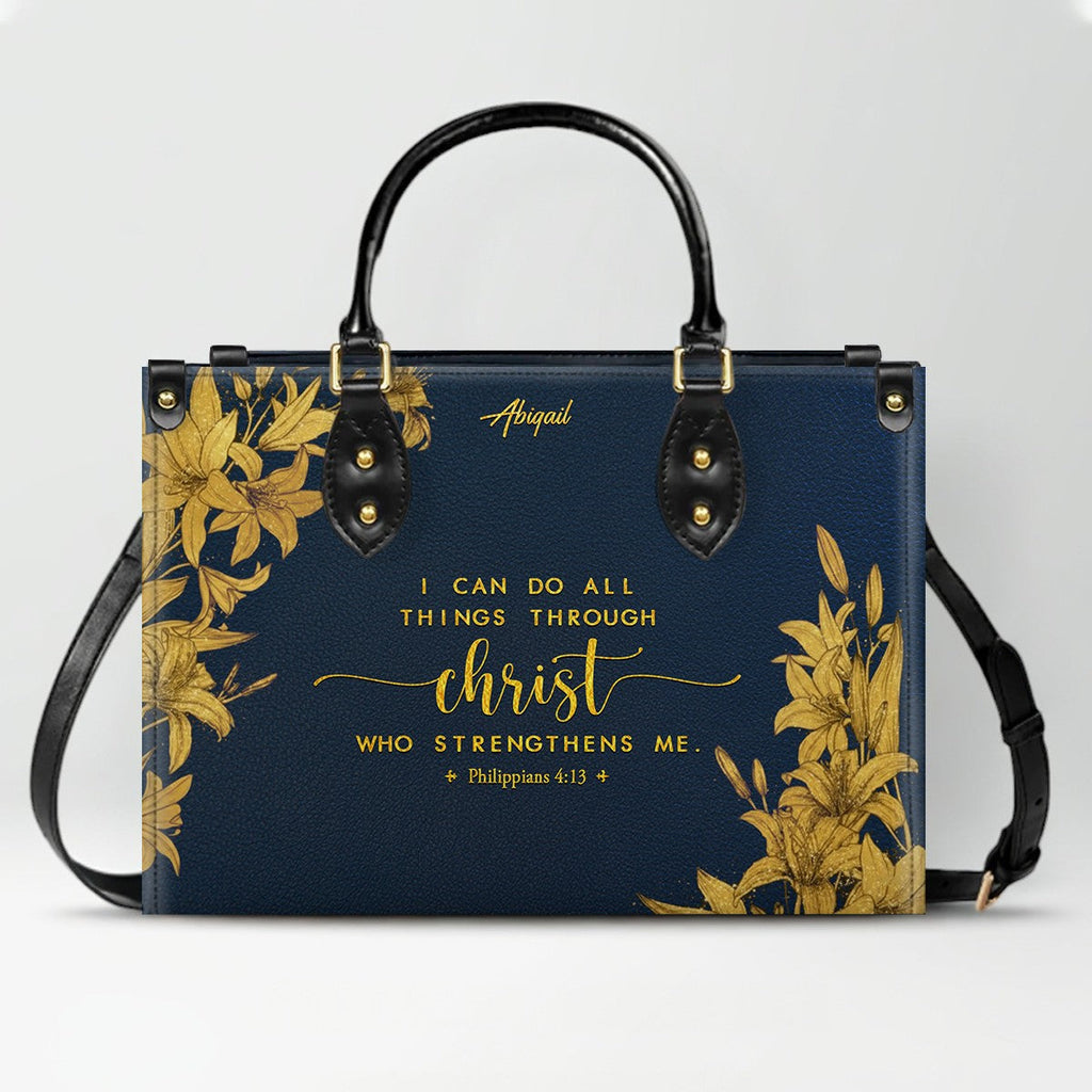 Personalized Navy Leather Bible Verse Handbag