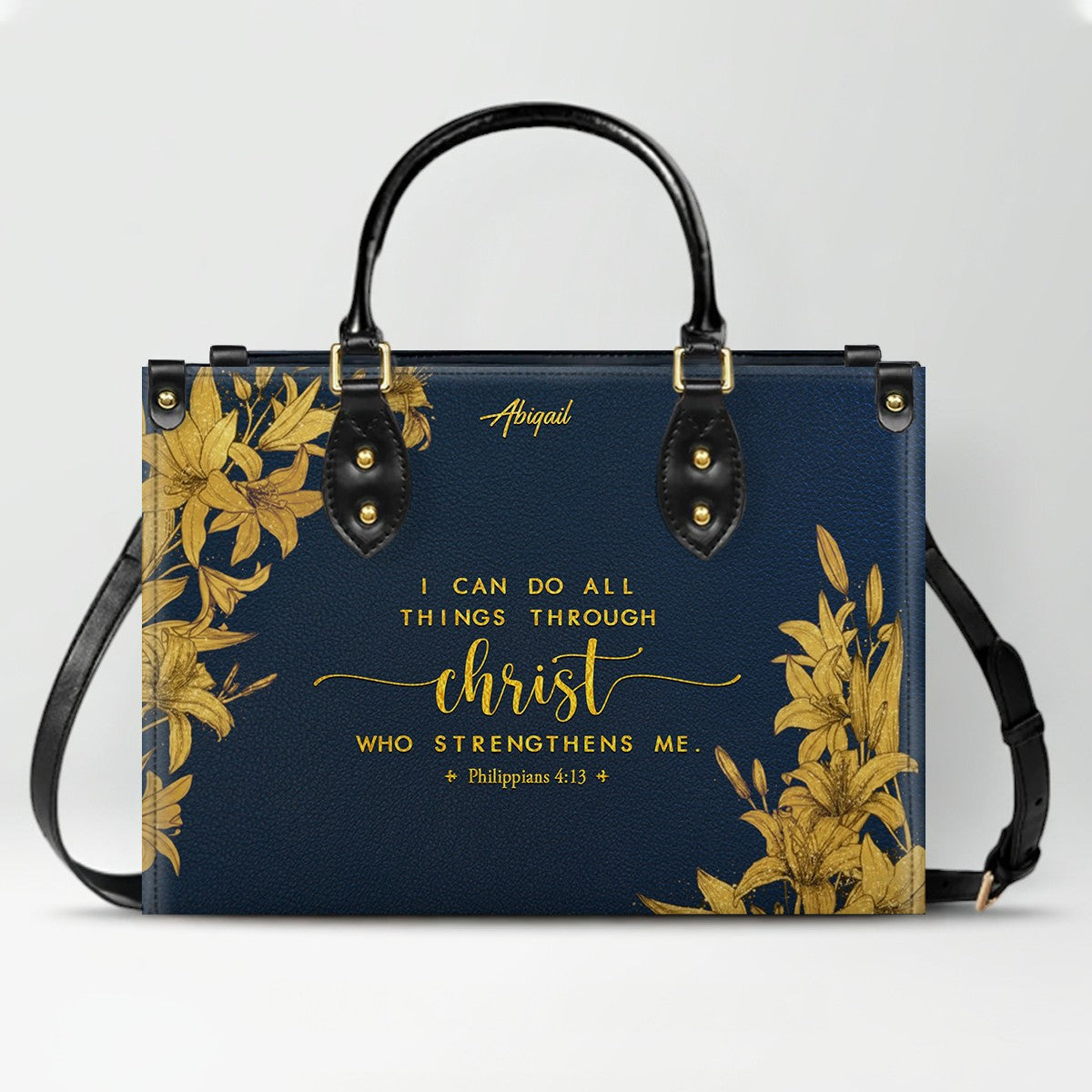 Personalized Navy Leather Bible Verse Handbag