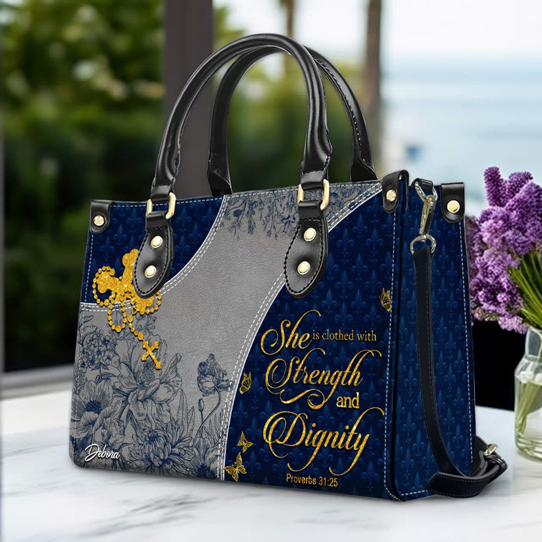 Personalized Navy Christian Leather Handbag