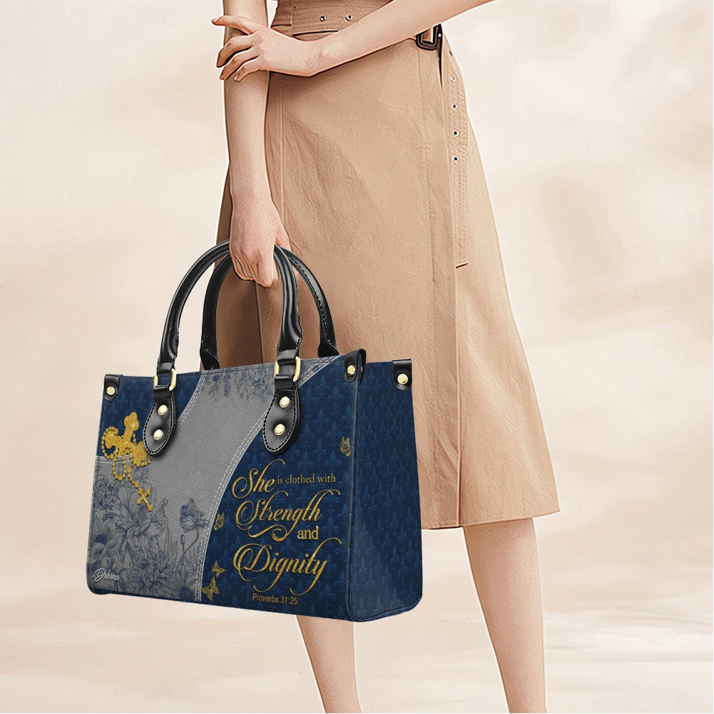 Personalized Navy Christian Leather Handbag
