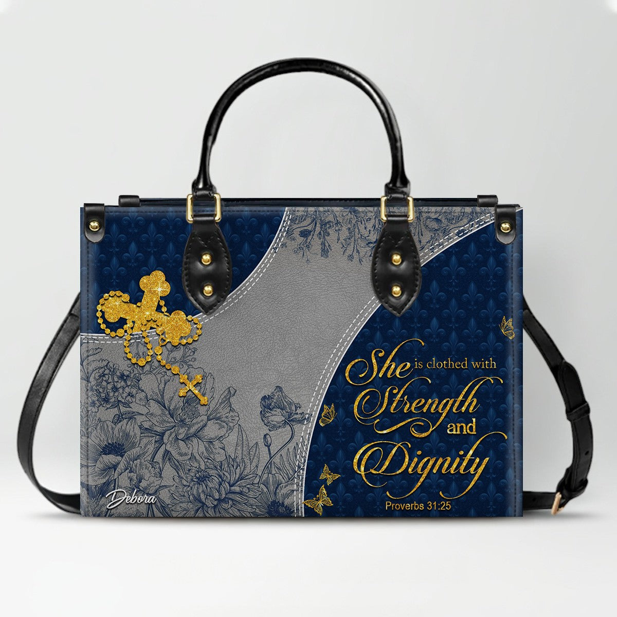 Personalized Navy Christian Leather Handbag