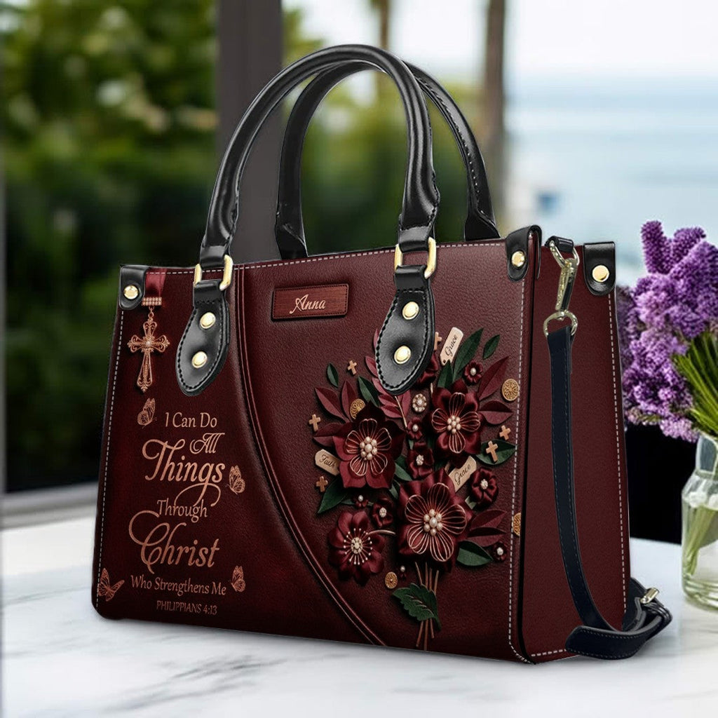 Custom Burgundy Faith Floral Leather Handbag