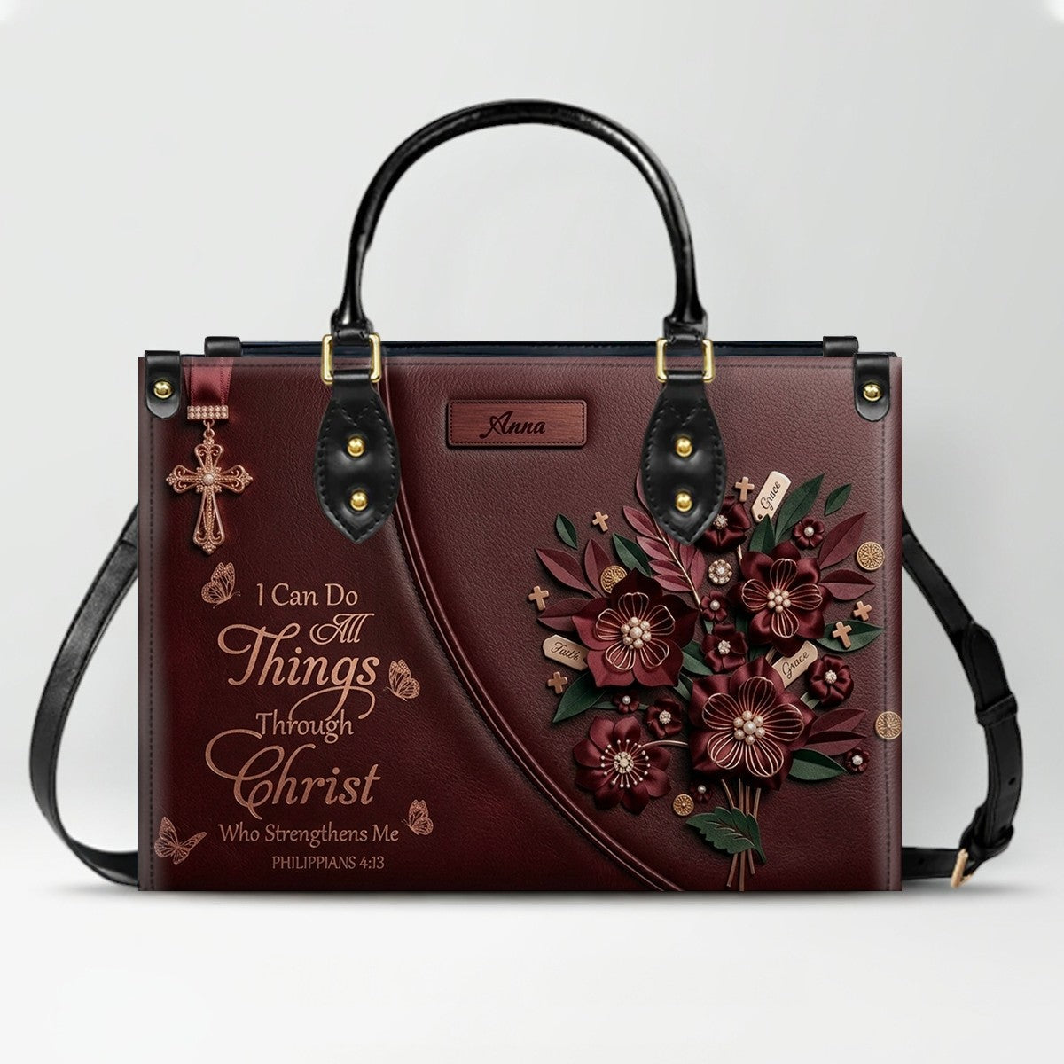 Personalized Christian Floral Leather Handbag