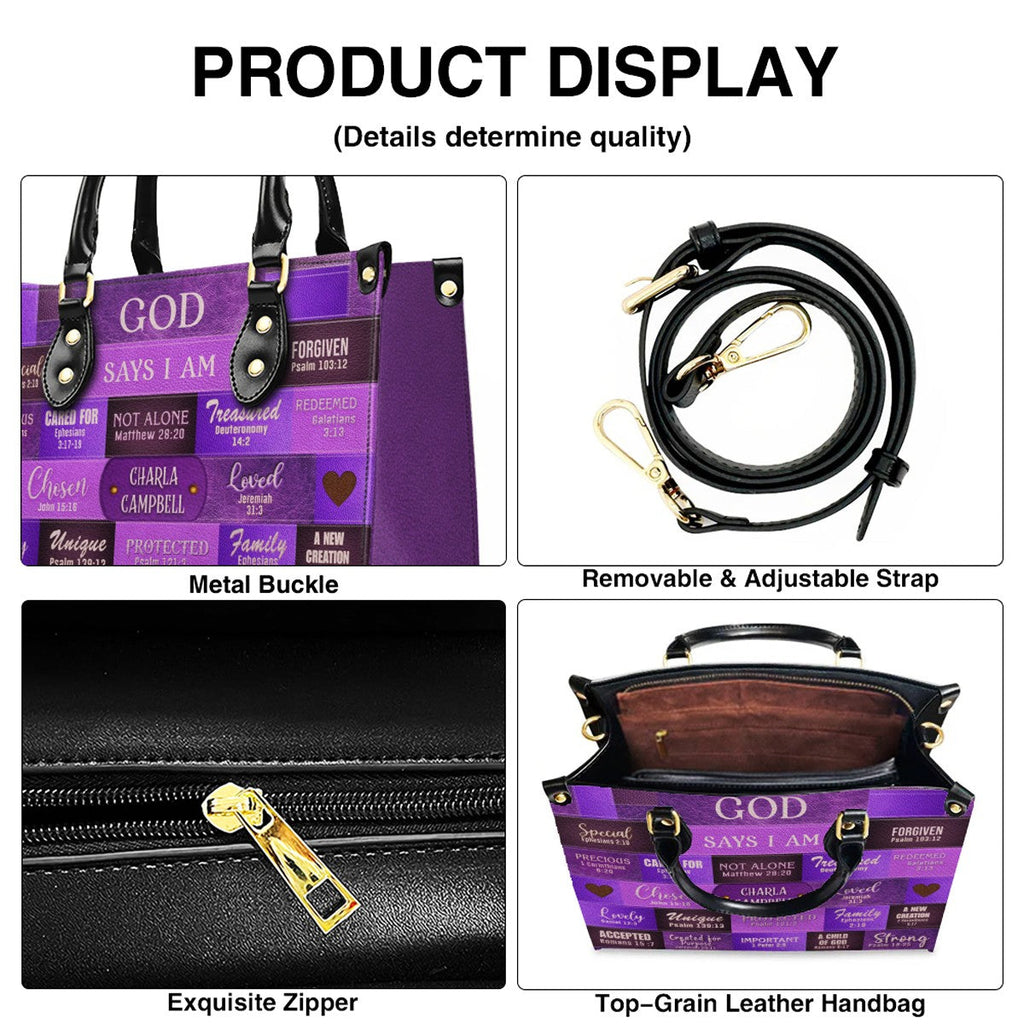 God Says I Am Personalized Leather Tote Handbag