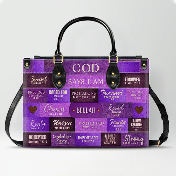 God Says I Am Personalized Purple Leather Handbag