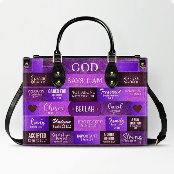 God Says You Are Personalized Purple Leather Tote