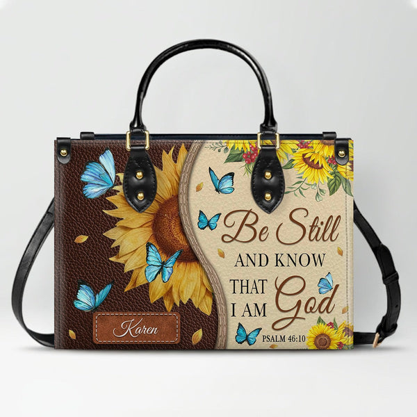 Psalm 46:10 Sunflower Butterfly Leather Tote