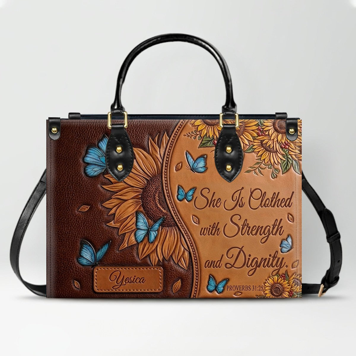 Custom Sunflower Bible Verse Leather Handbag