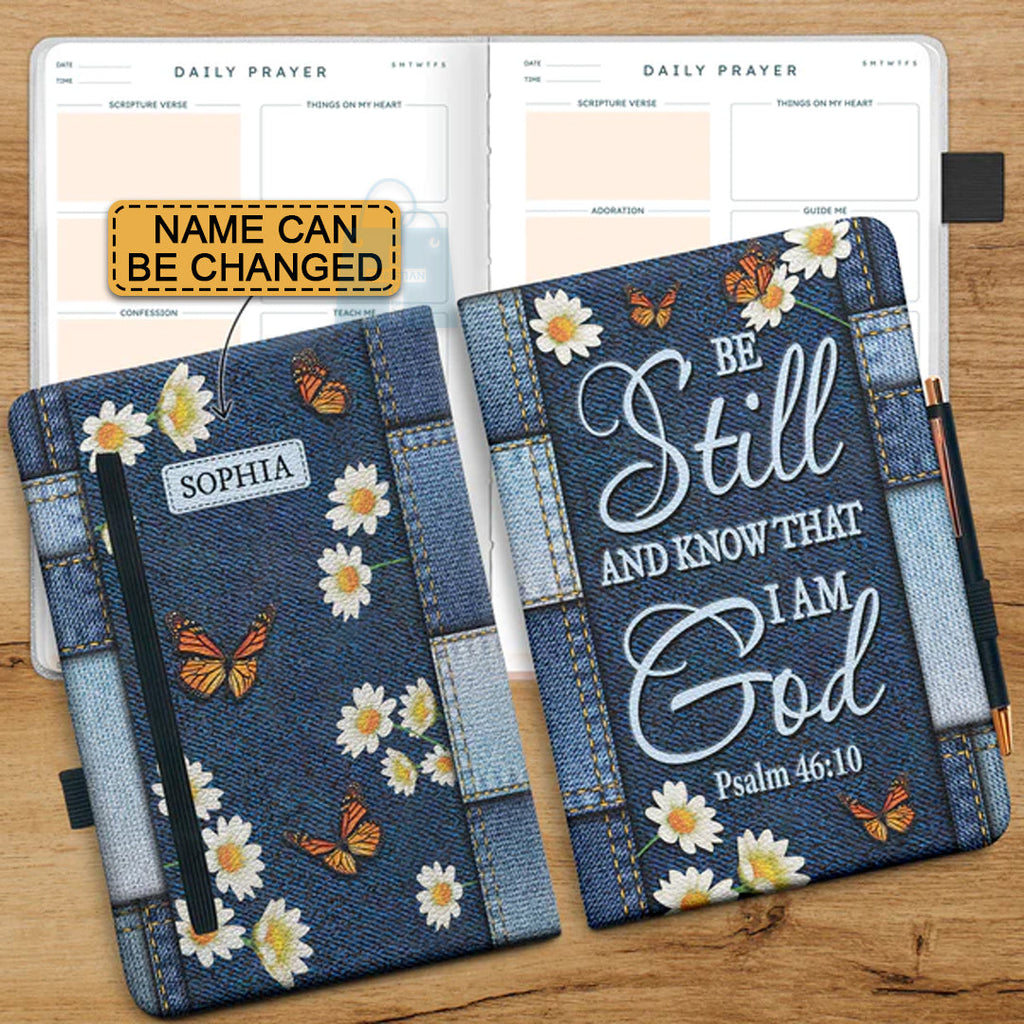 Personalized Denim "Be Still And Know" Leather Prayer Journal