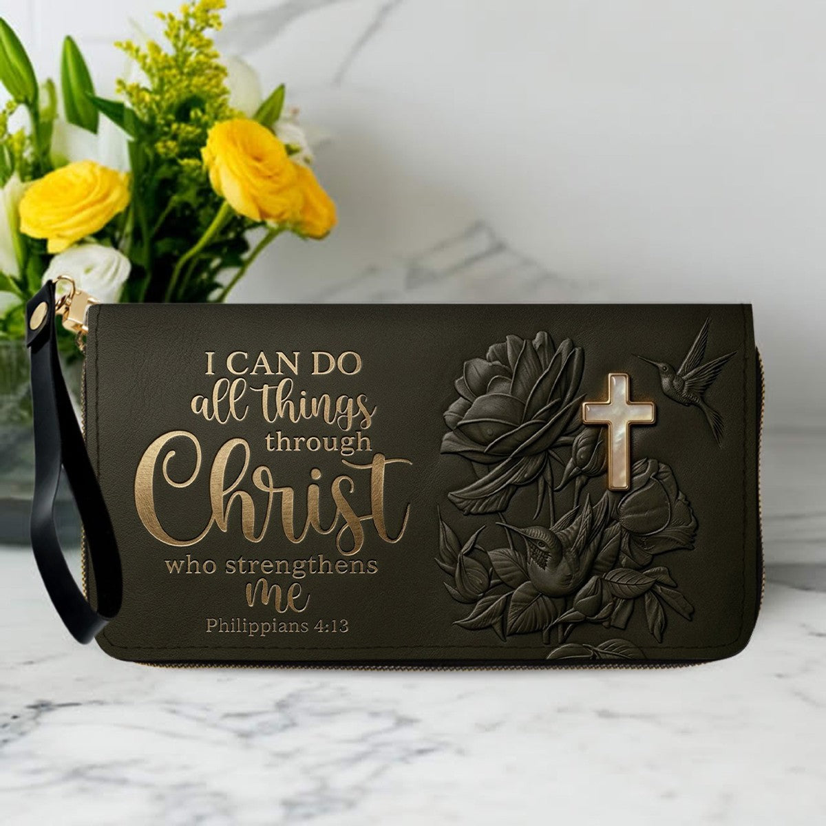 Personalized Floral Cross Leather Handbag