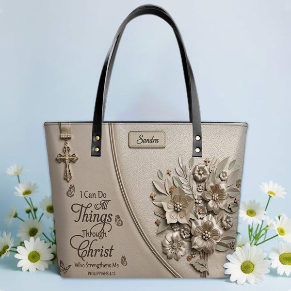 Personalized Christian Scripture Leather Tote Bag
