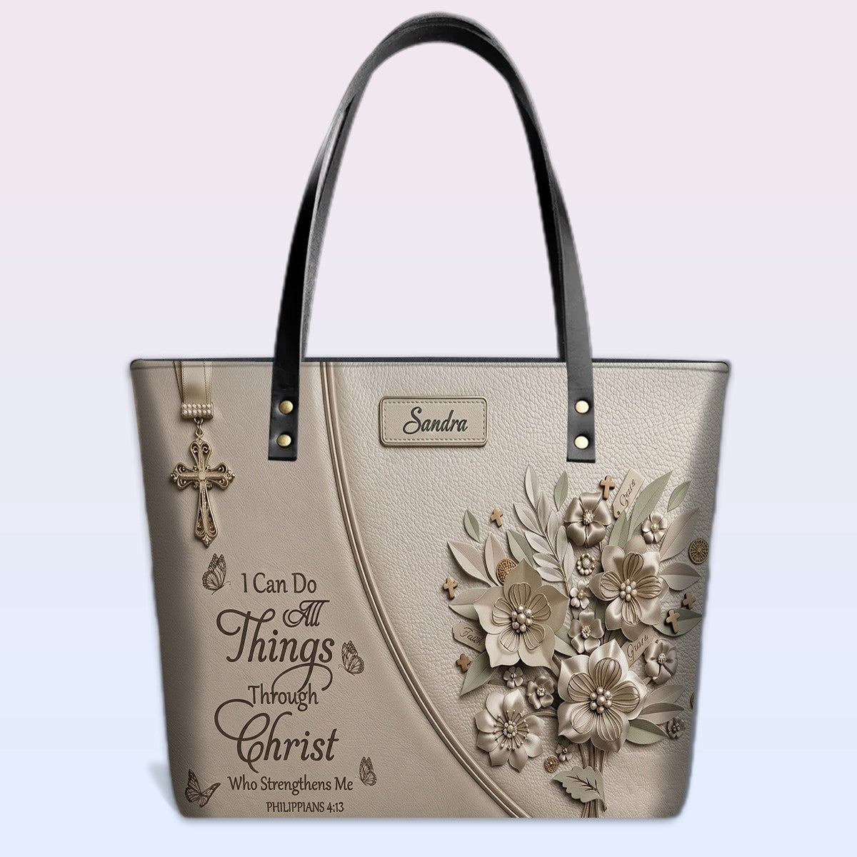 Personalized Christian Scripture Leather Tote Bag