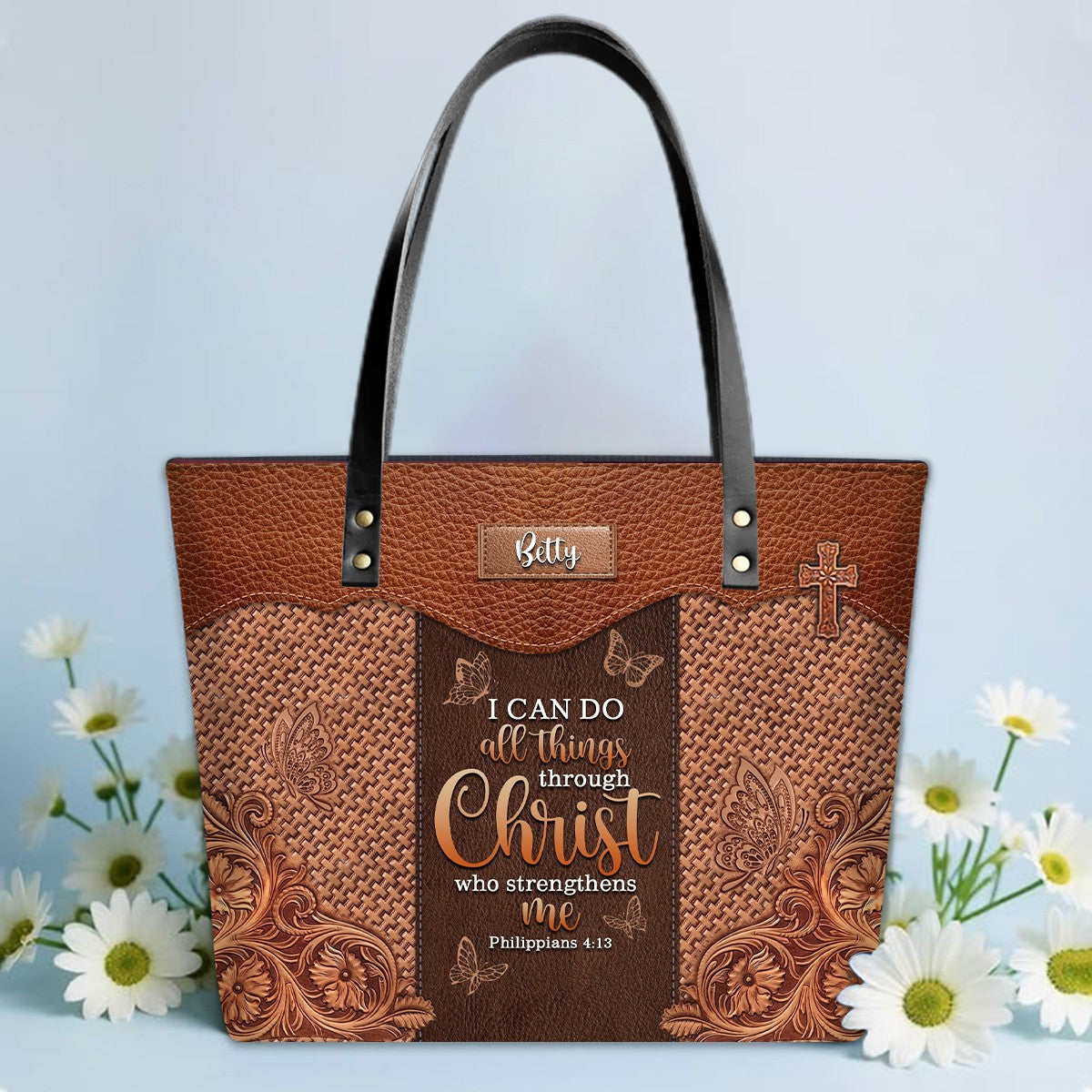 Personalized Bible Verse Leather Tote Bag