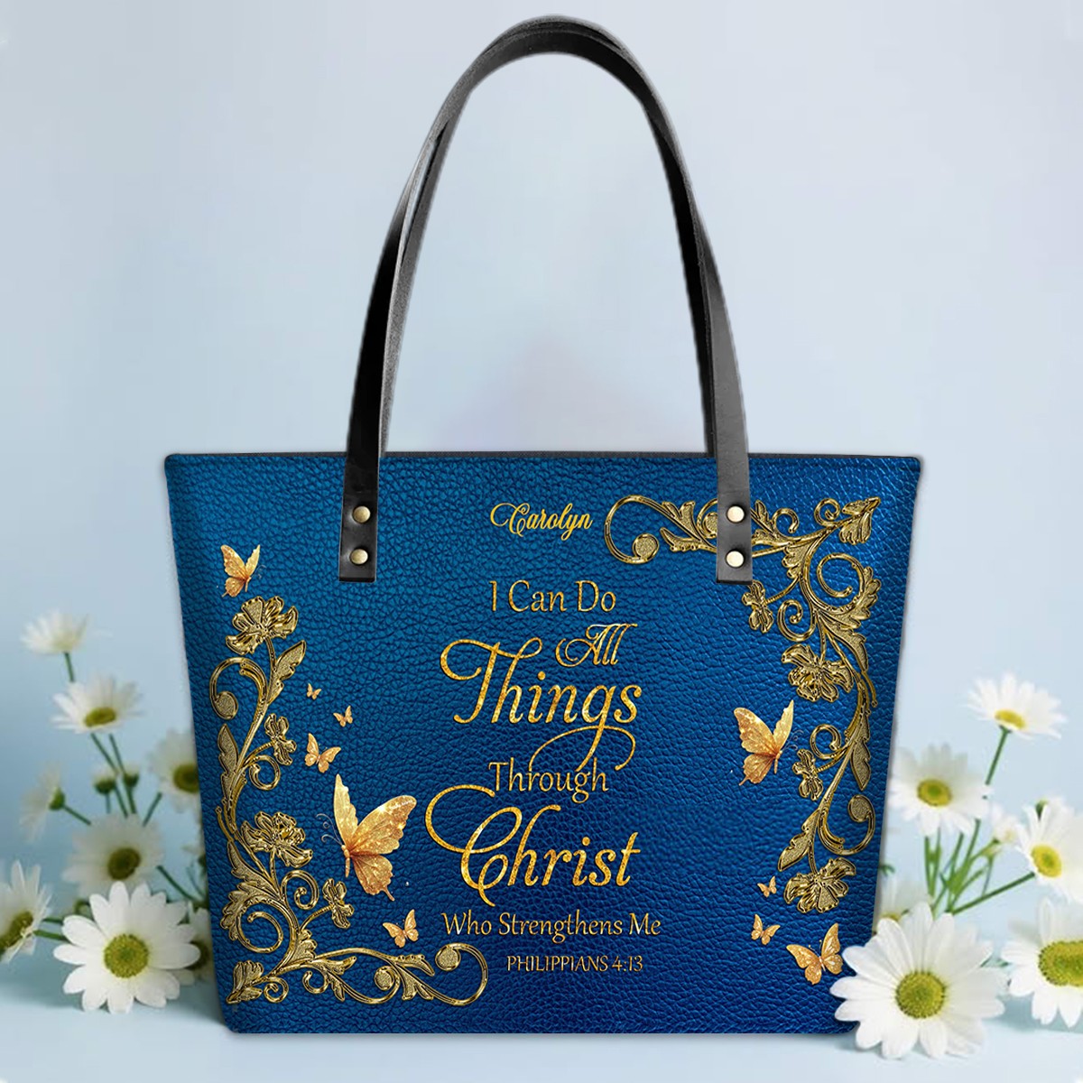 Personalized Bible Verse Leather Tote Bag