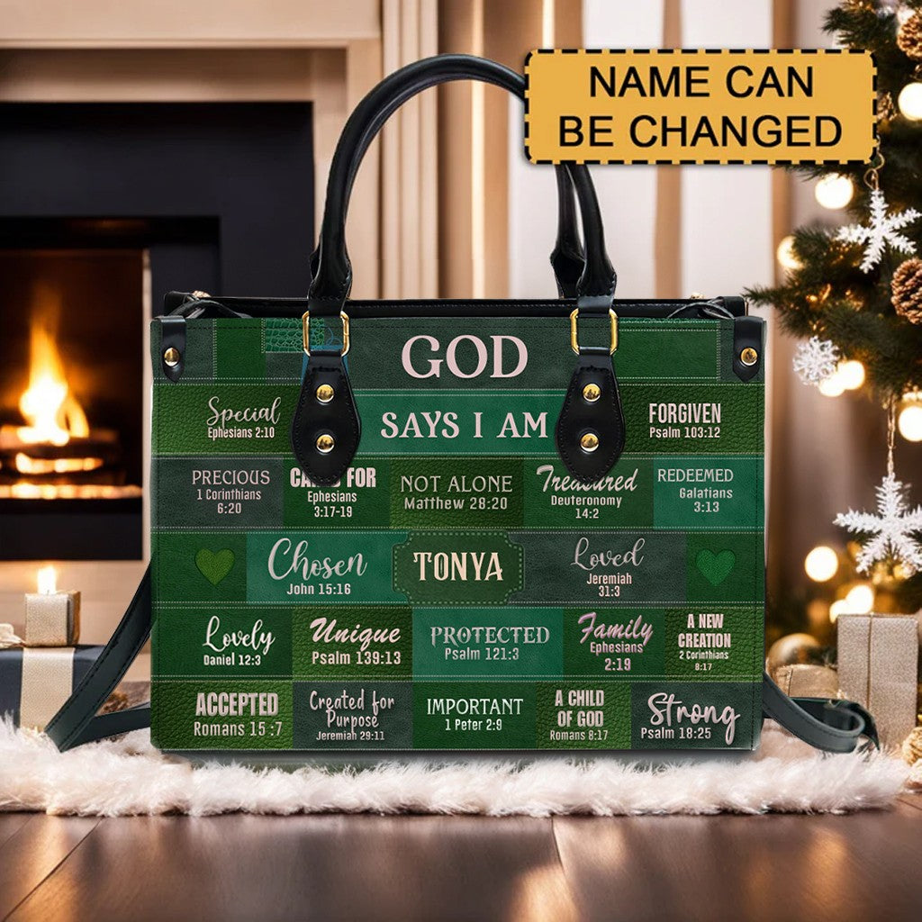 Personalized God Says I Am Green Leather Handbag