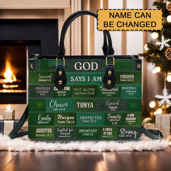 Personalized God Says I Am Green Leather Handbag
