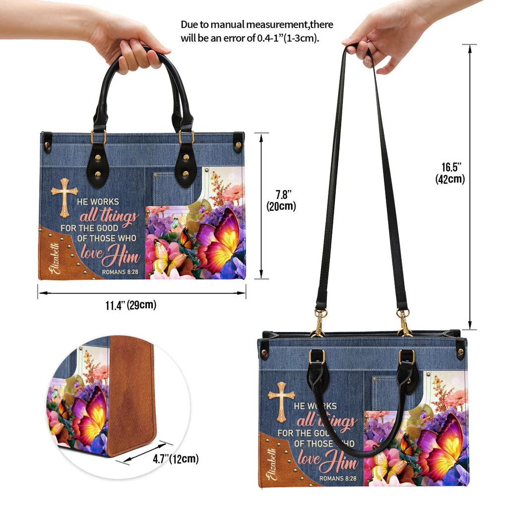 Romans 8:28 Personalized Leather Tote Bag