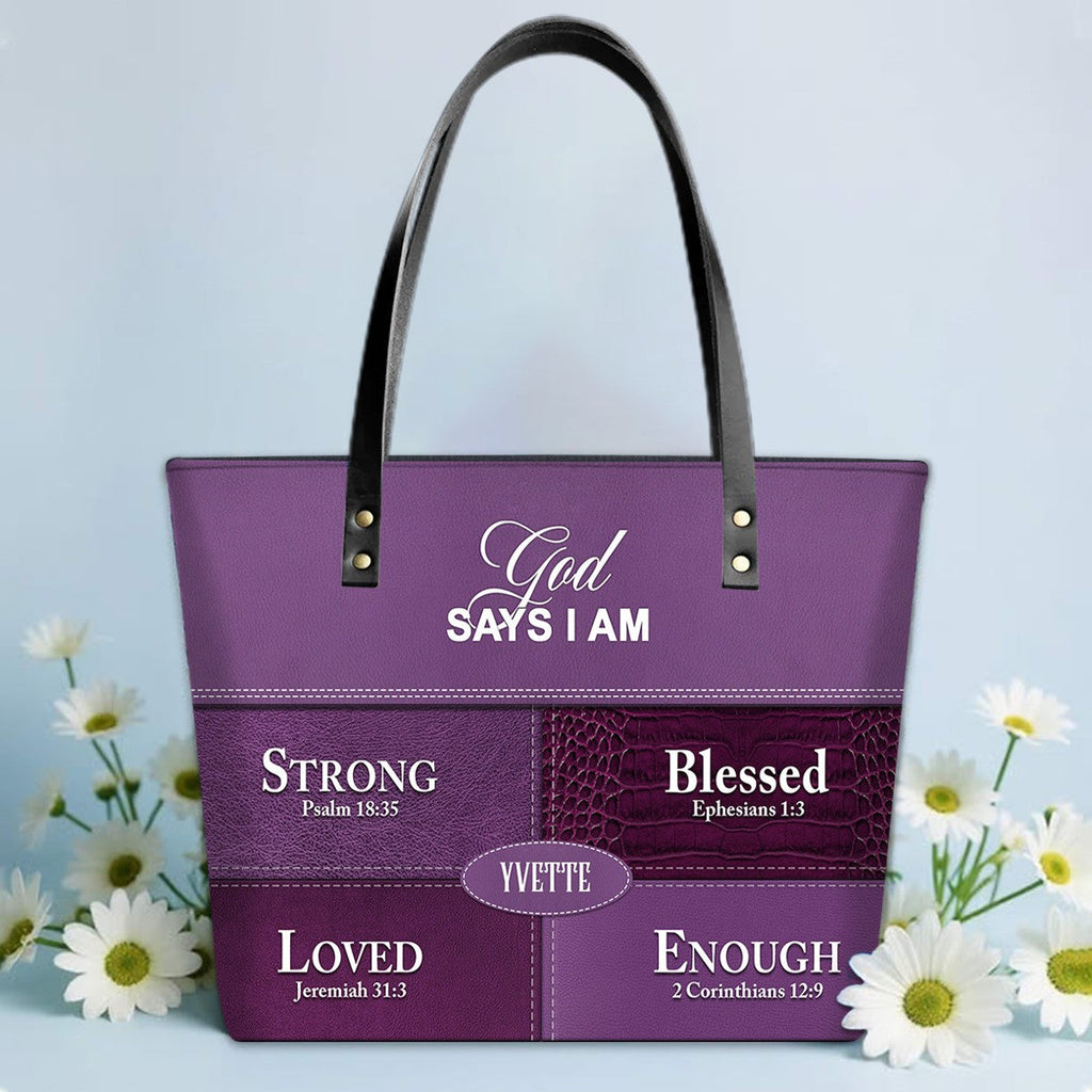 Personalized God Says I Am Leather Tote Bag