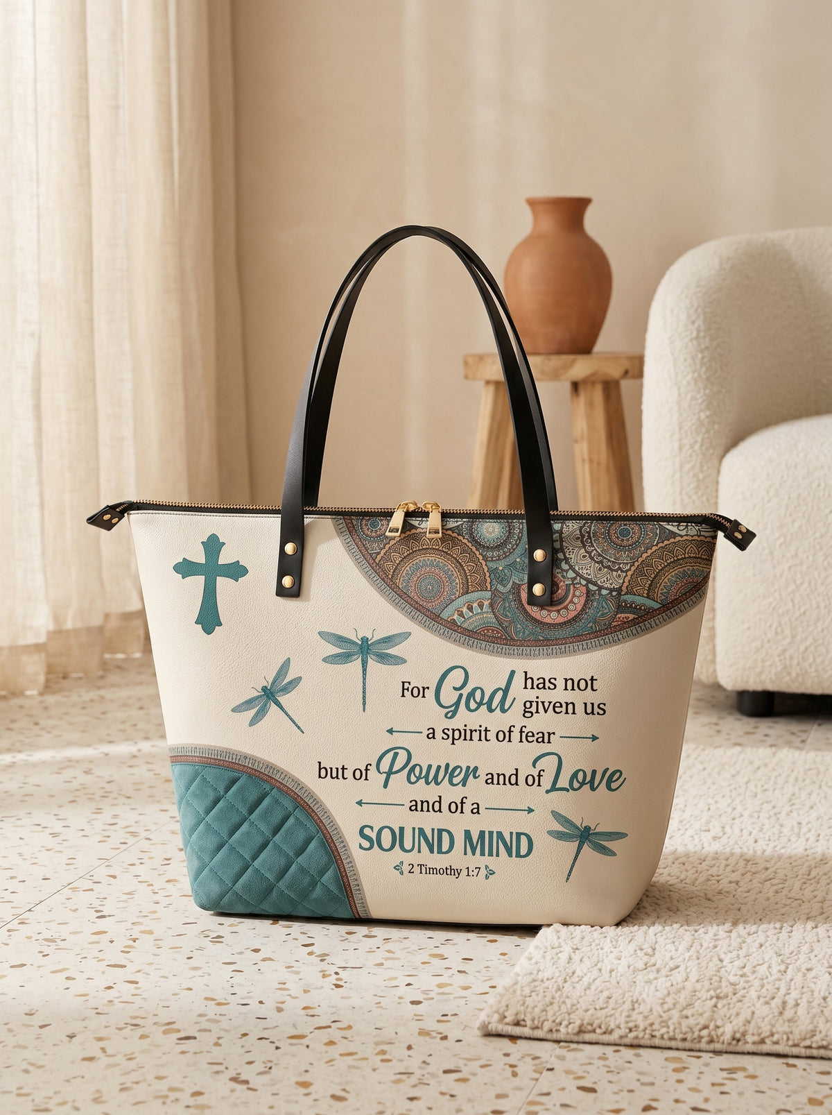 Poise 2 Timothy 1:7 Christian Leather Tote Bag