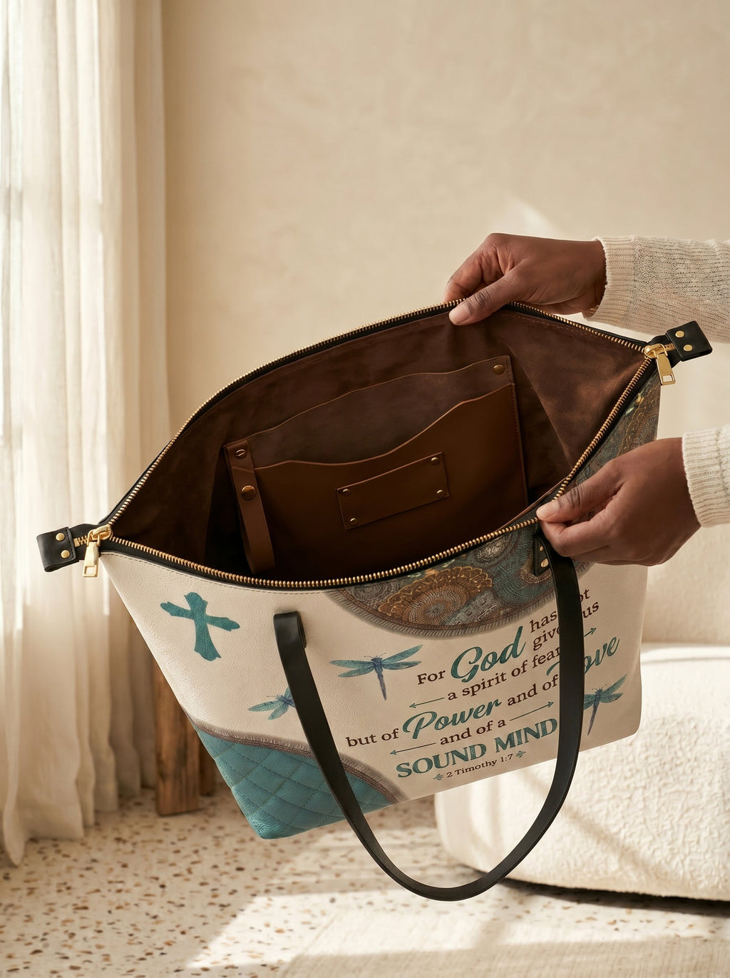 Poise 2 Timothy 1:7 Christian Leather Tote Bag