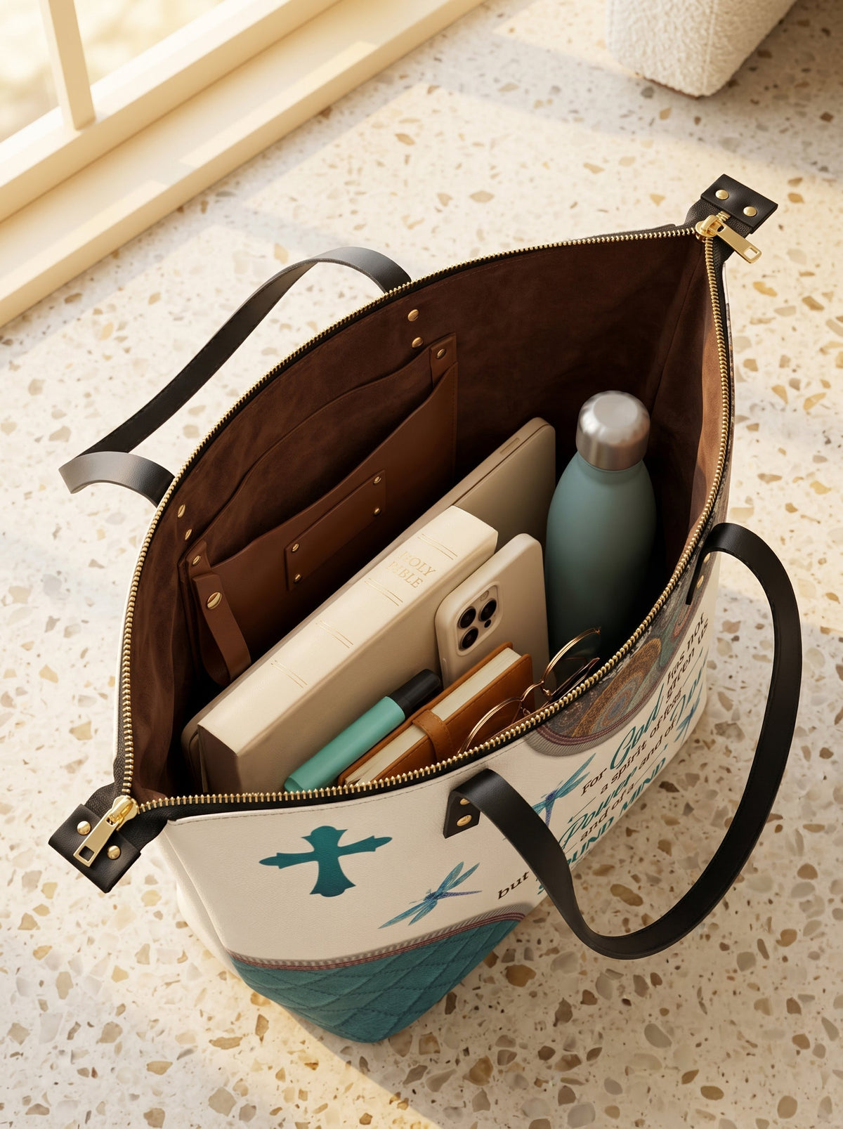 Poise 2 Timothy 1:7 Christian Leather Tote Bag