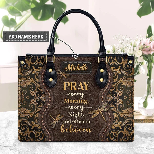 Pray Every Morning Dragonfly Leather Handbag