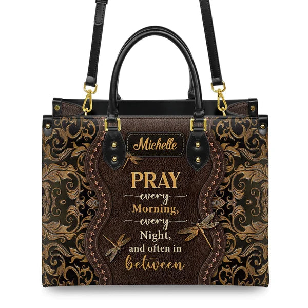 Pray Every Morning Dragonfly Leather Handbag