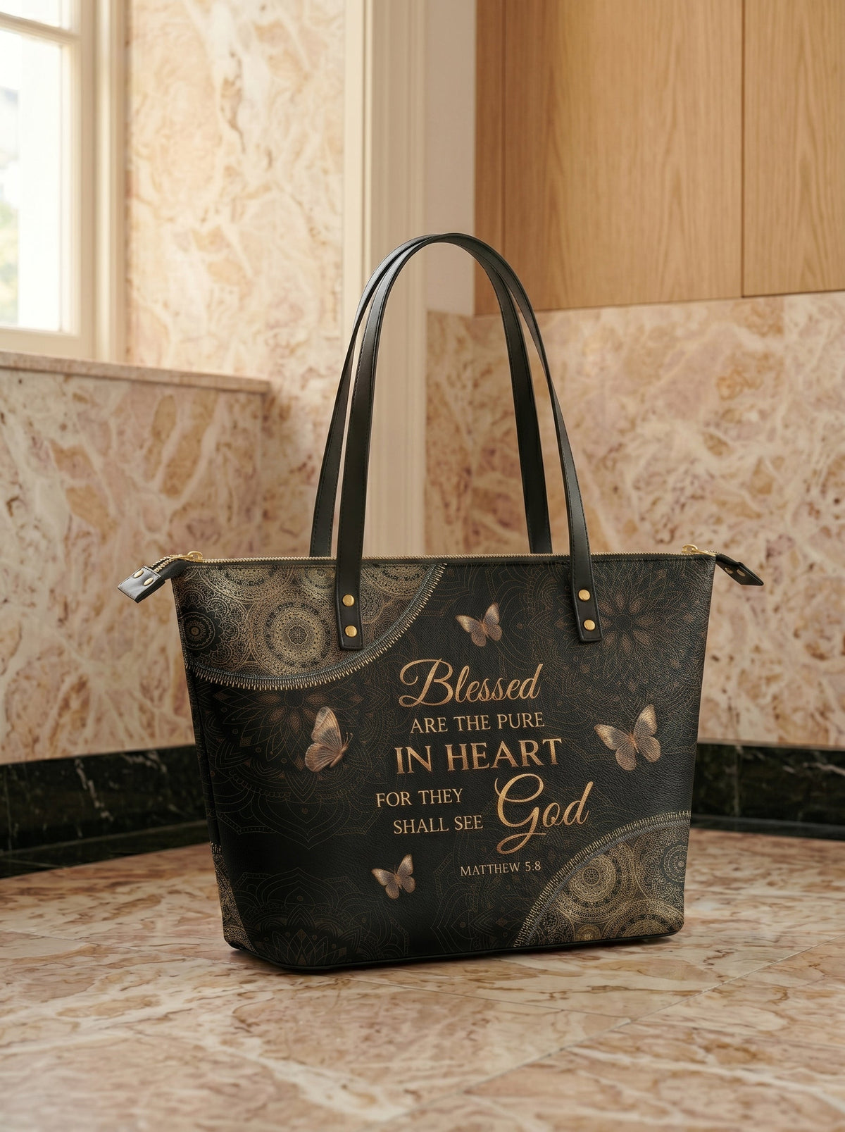Pure Matthew 5:8 Bible Verse Leather Tote Bag