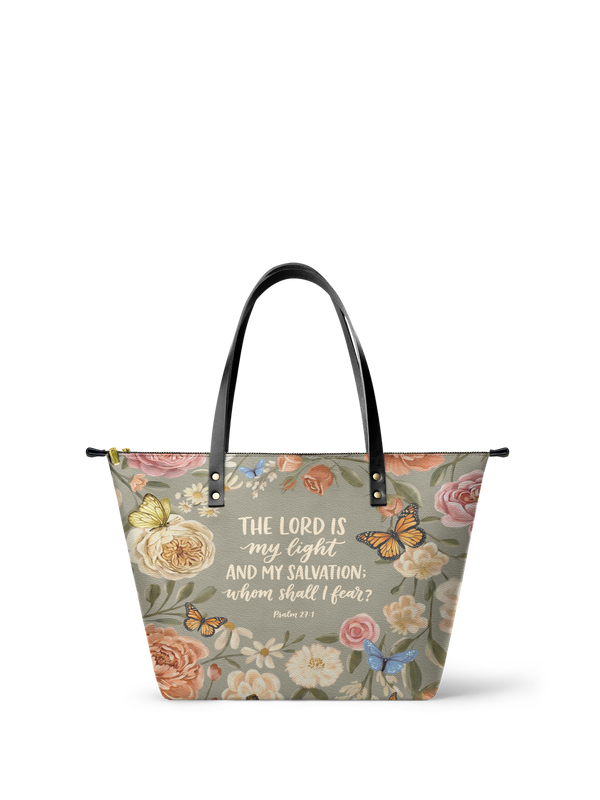 Radiance Psalm 27:1 Leather Tote Bag
