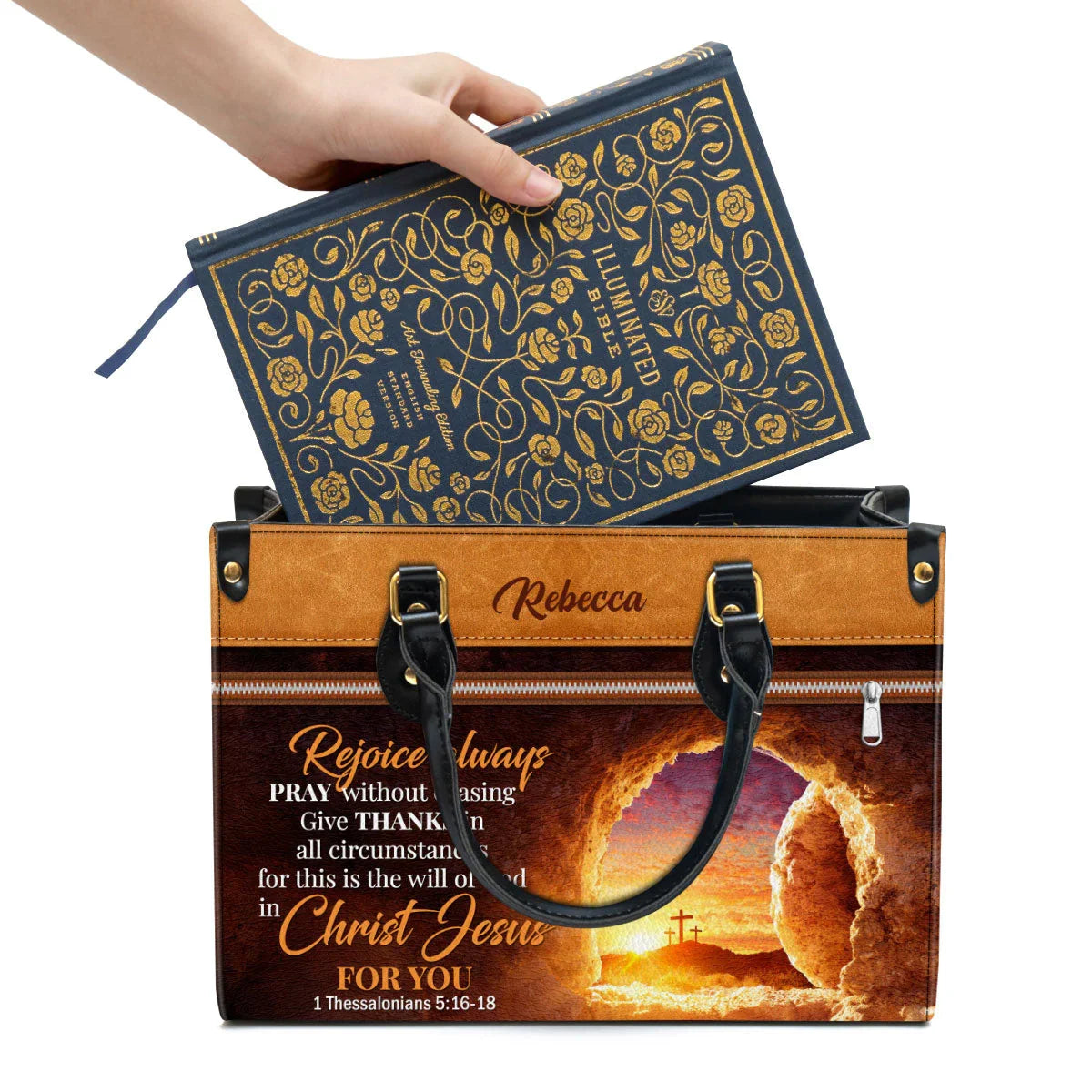 Personalized Rejoice Always Pray Leather Tote Bag