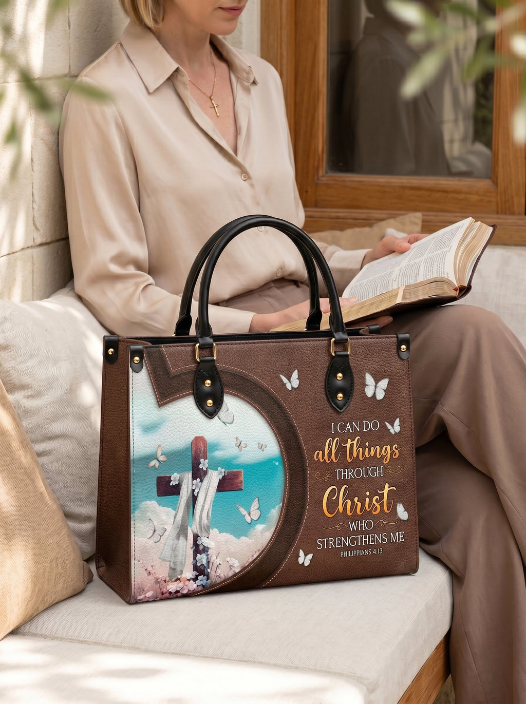 Rise Philippians 4:13 Leather Handbag