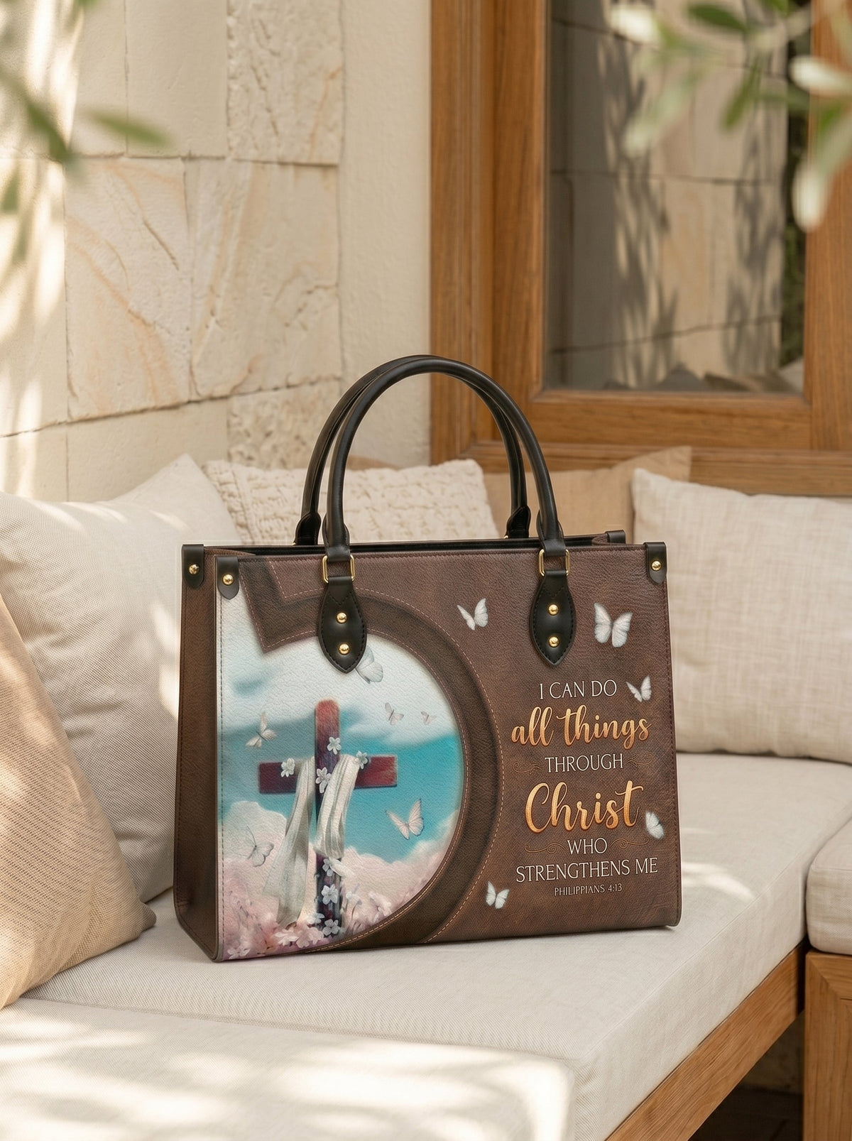 Rise Philippians 4:13 Leather Handbag