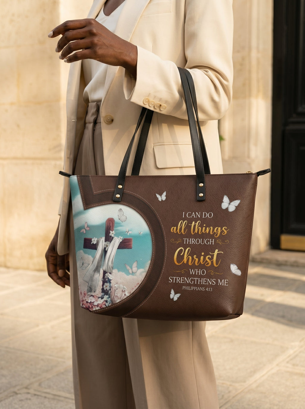 Rise Philippians 4:13 Leather Tote Bag