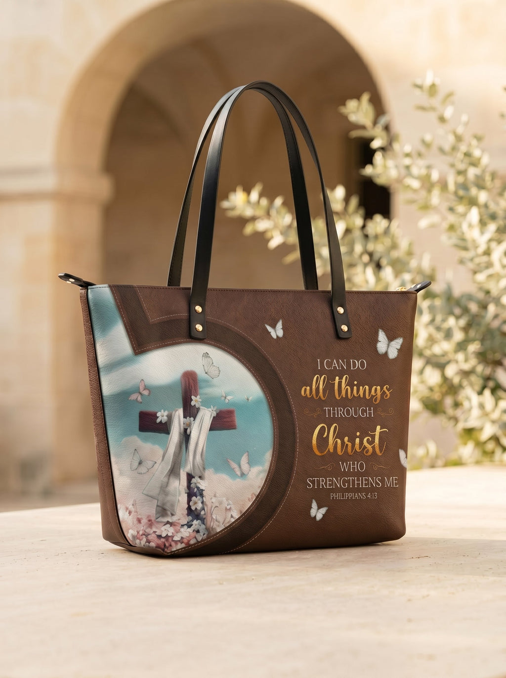 Rise Philippians 4:13 Leather Tote Bag