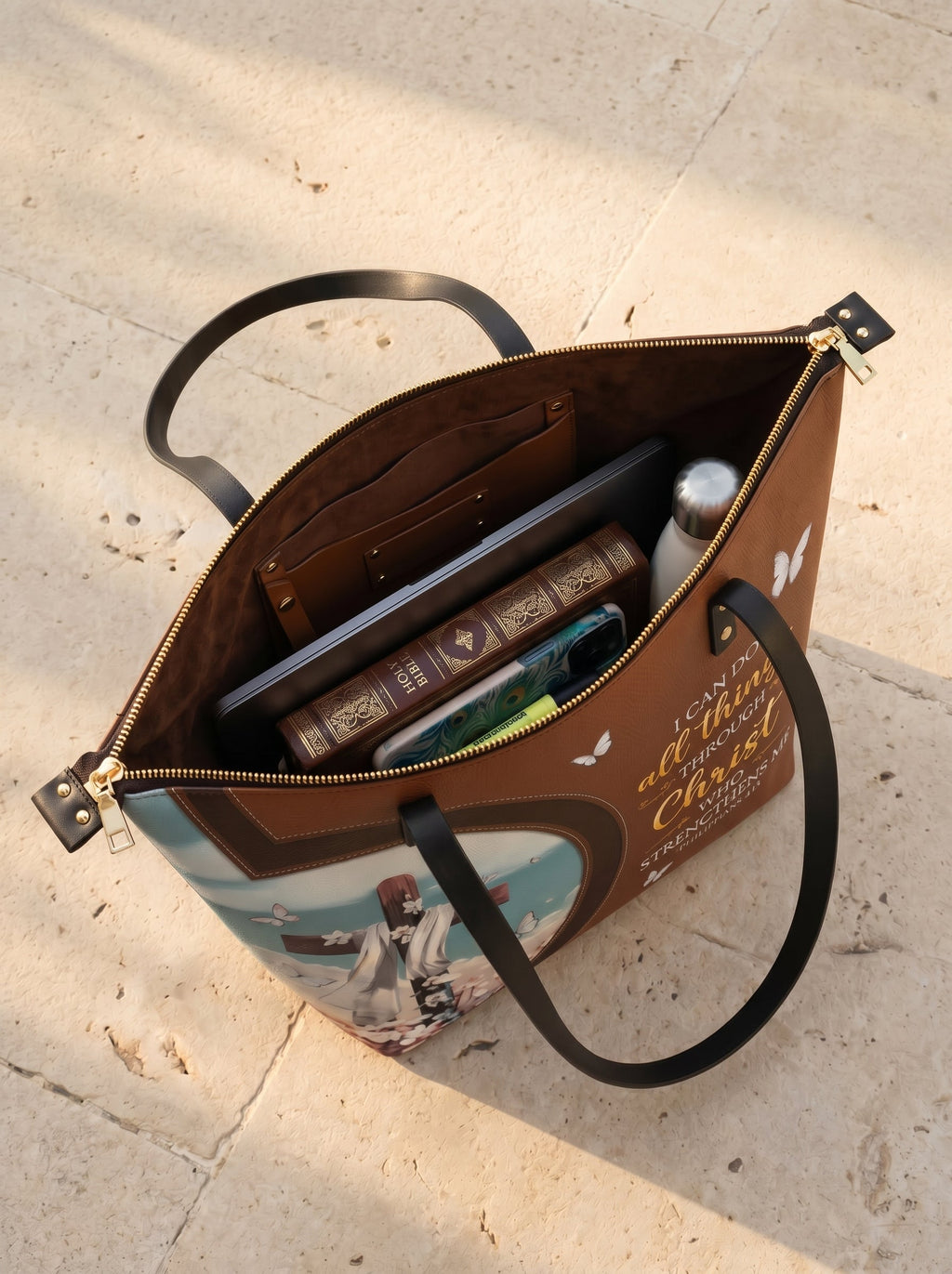 Rise Philippians 4:13 Leather Tote Bag