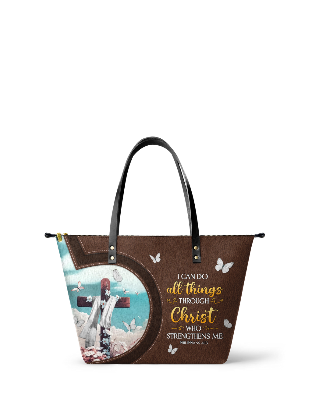 Rise Philippians 4:13 Leather Tote Bag